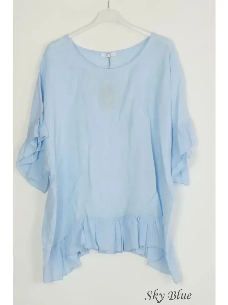 3246 Ruffle Trim & Sleeve Linen Top