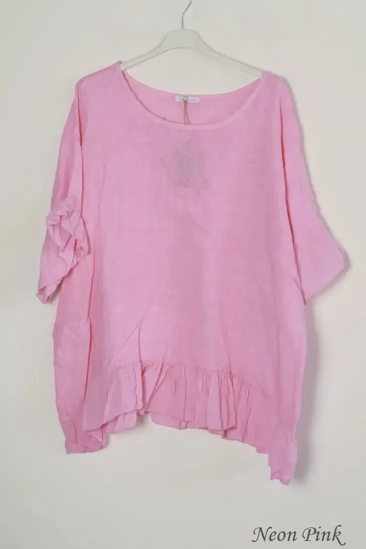 3246 Ruffle Trim & Sleeve Linen Top