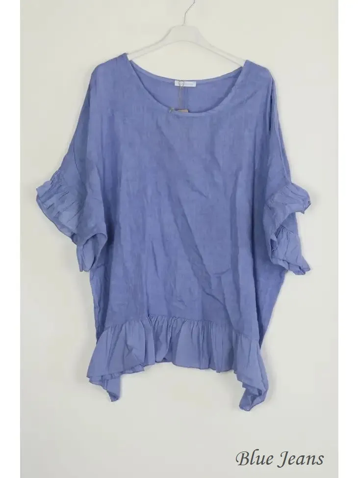 3246 Ruffle Trim & Sleeve Linen Top