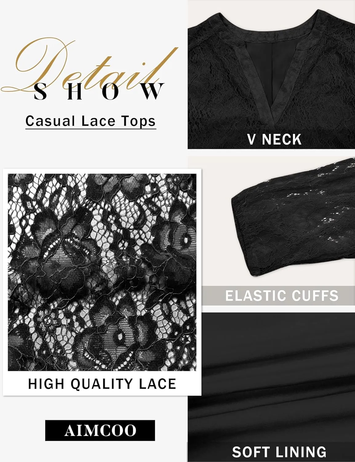 AIMCOO Womens Lace Tops 3/4 Sleeve Dressy Casual Blouses 2025 Summer Sexy Floral Top Sheer Shirts