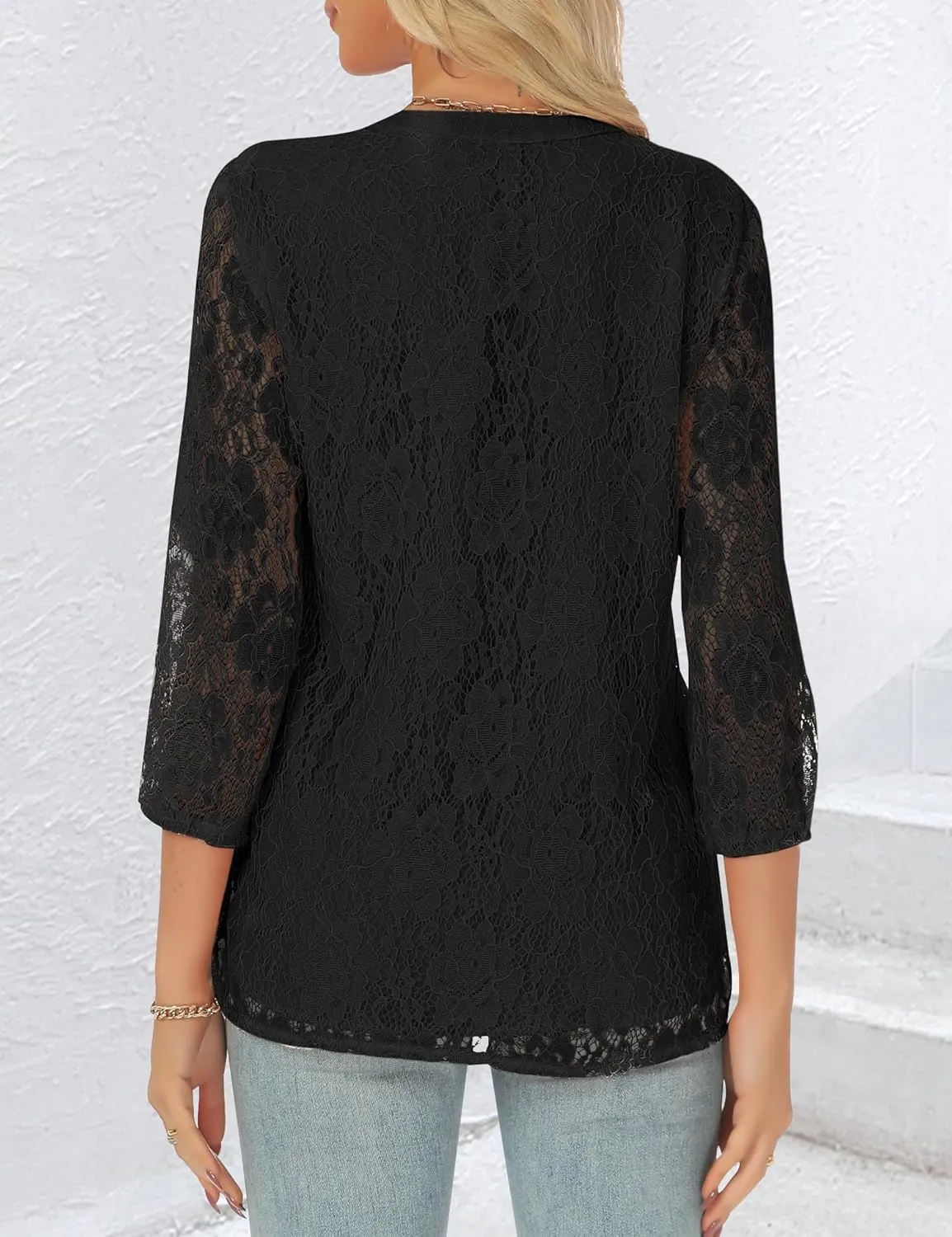 AIMCOO Womens Lace Tops 3/4 Sleeve Dressy Casual Blouses 2025 Summer Sexy Floral Top Sheer Shirts