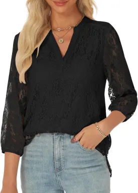 AIMCOO Womens Lace Tops 3/4 Sleeve Dressy Casual Blouses 2025 Summer Sexy Floral Top Sheer Shirts