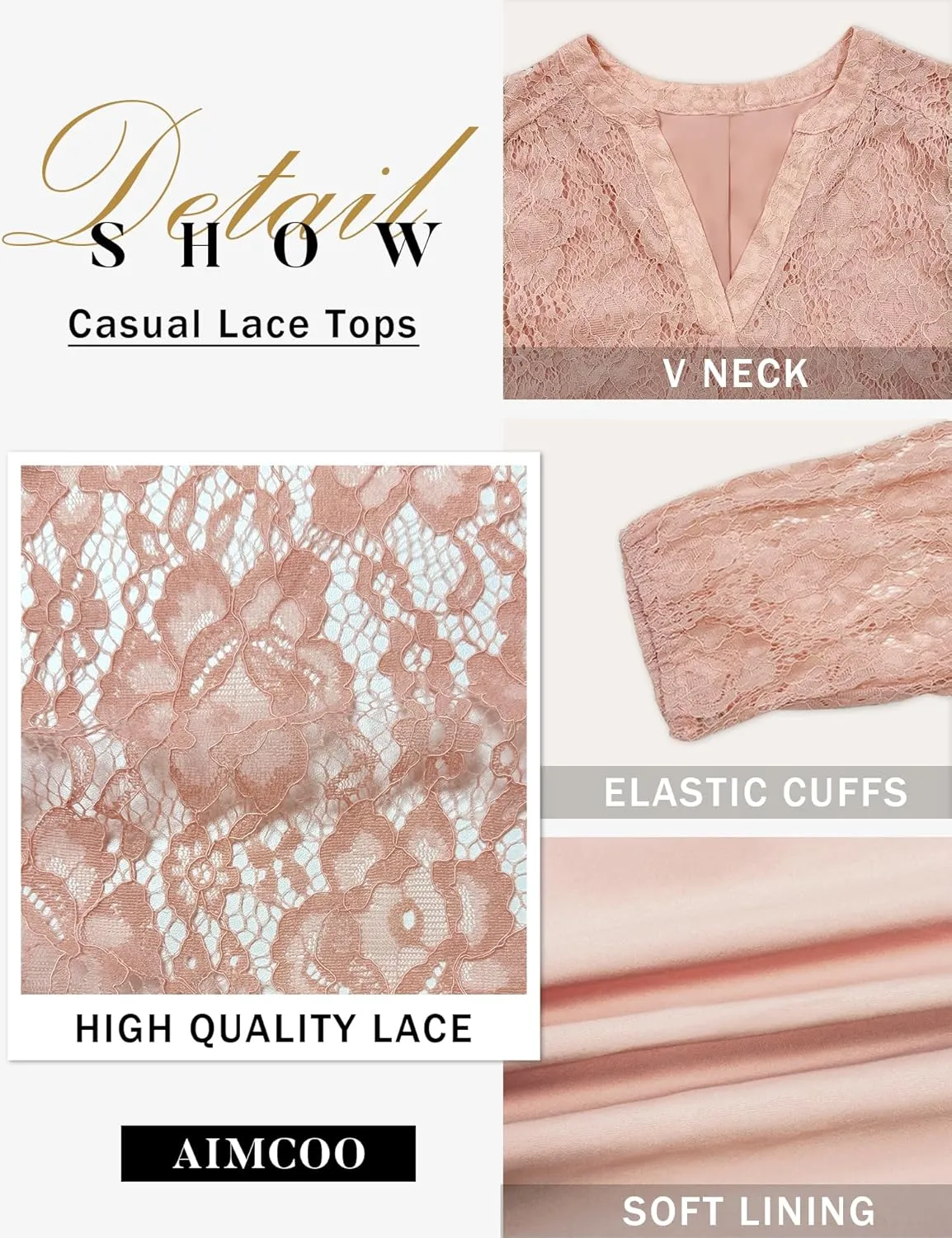 AIMCOO Womens Lace Tops 3/4 Sleeve Dressy Casual Blouses 2025 Summer Sexy Floral Top Sheer Shirts