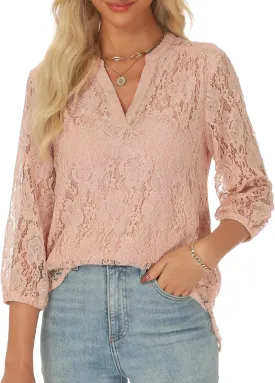 AIMCOO Womens Lace Tops 3/4 Sleeve Dressy Casual Blouses 2025 Summer Sexy Floral Top Sheer Shirts