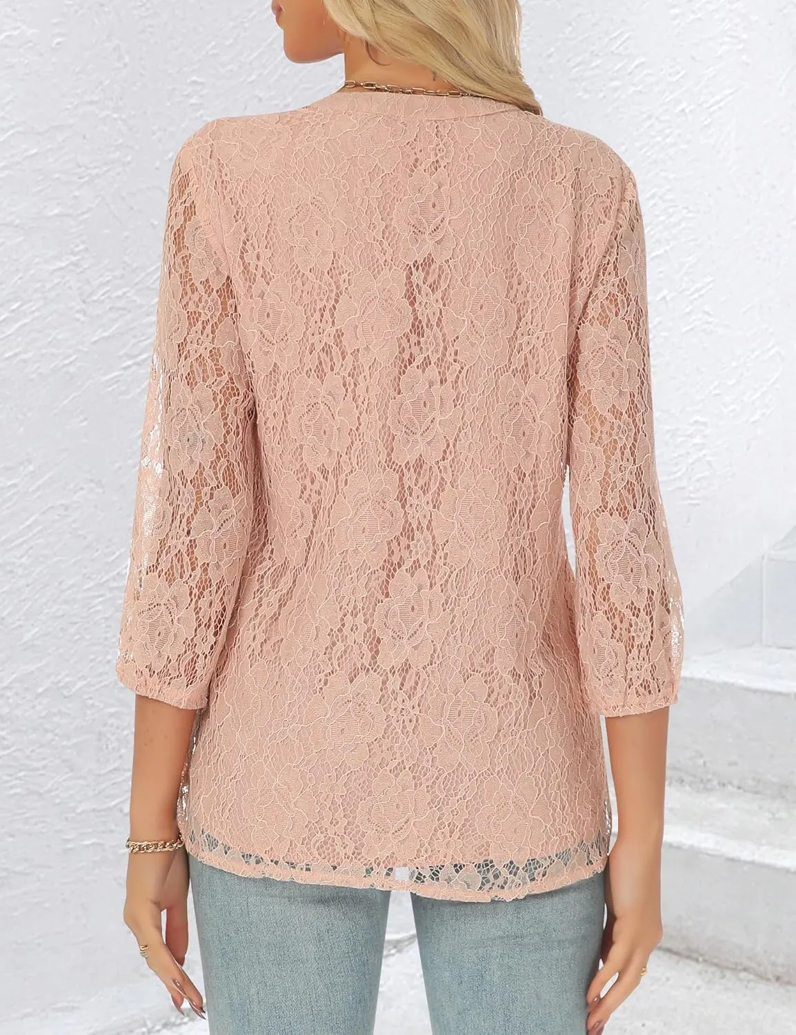 AIMCOO Womens Lace Tops 3/4 Sleeve Dressy Casual Blouses 2025 Summer Sexy Floral Top Sheer Shirts