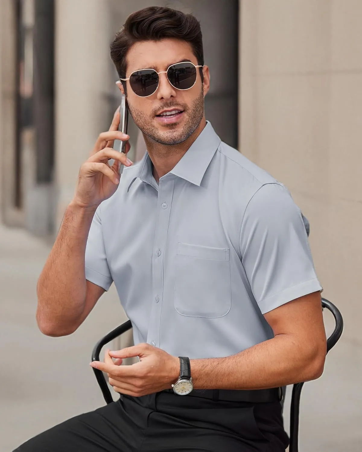 Alimens & Gentle Mens Short Sleeve Dress Shirts Wrinkle Free Solid Casual Button Down Shirts with Pocket