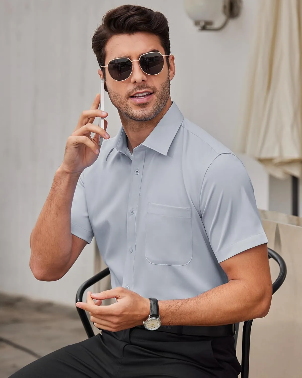 Alimens & Gentle Mens Short Sleeve Dress Shirts Wrinkle Free Solid Casual Button Down Shirts with Pocket