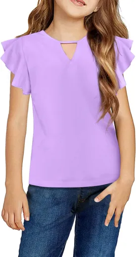 Arshiner Girls Shirts Short Sleeve Tee Ruffle Solid Summer Keyhole Neck Cotton Blouse Tops