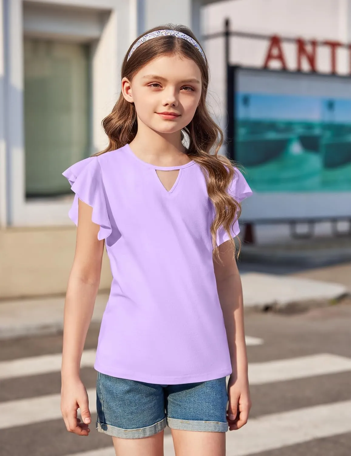 Arshiner Girls Shirts Short Sleeve Tee Ruffle Solid Summer Keyhole Neck Cotton Blouse Tops