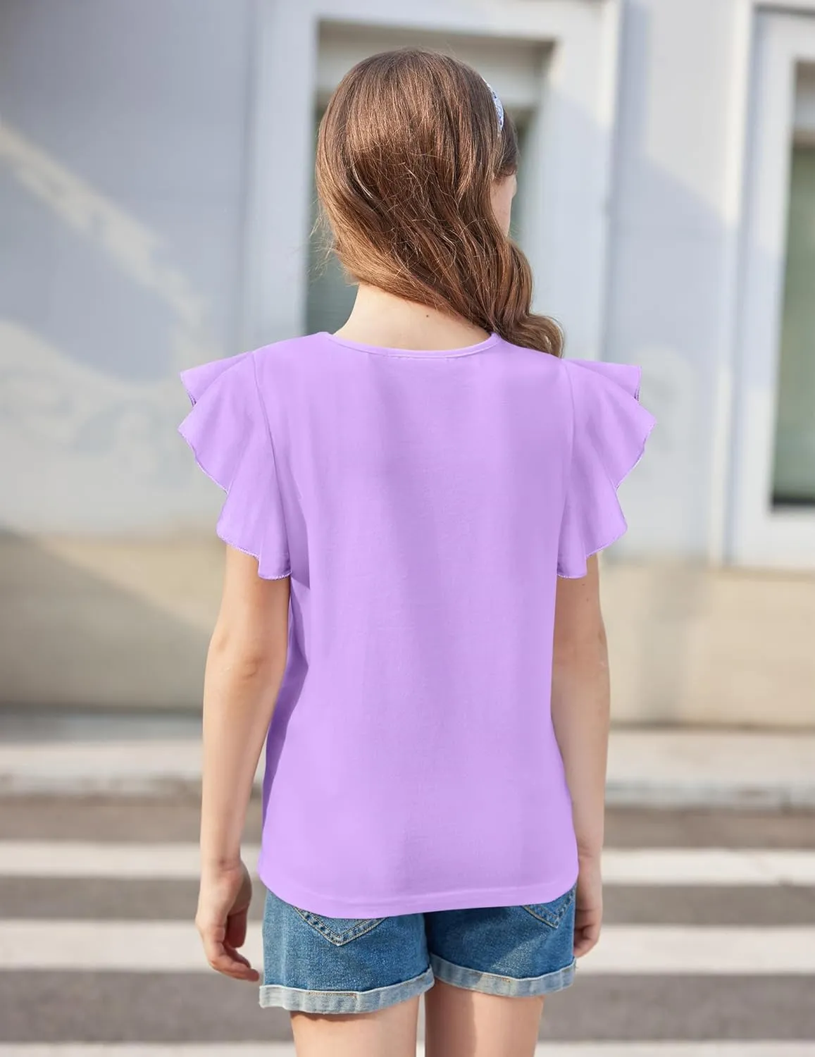 Arshiner Girls Shirts Short Sleeve Tee Ruffle Solid Summer Keyhole Neck Cotton Blouse Tops