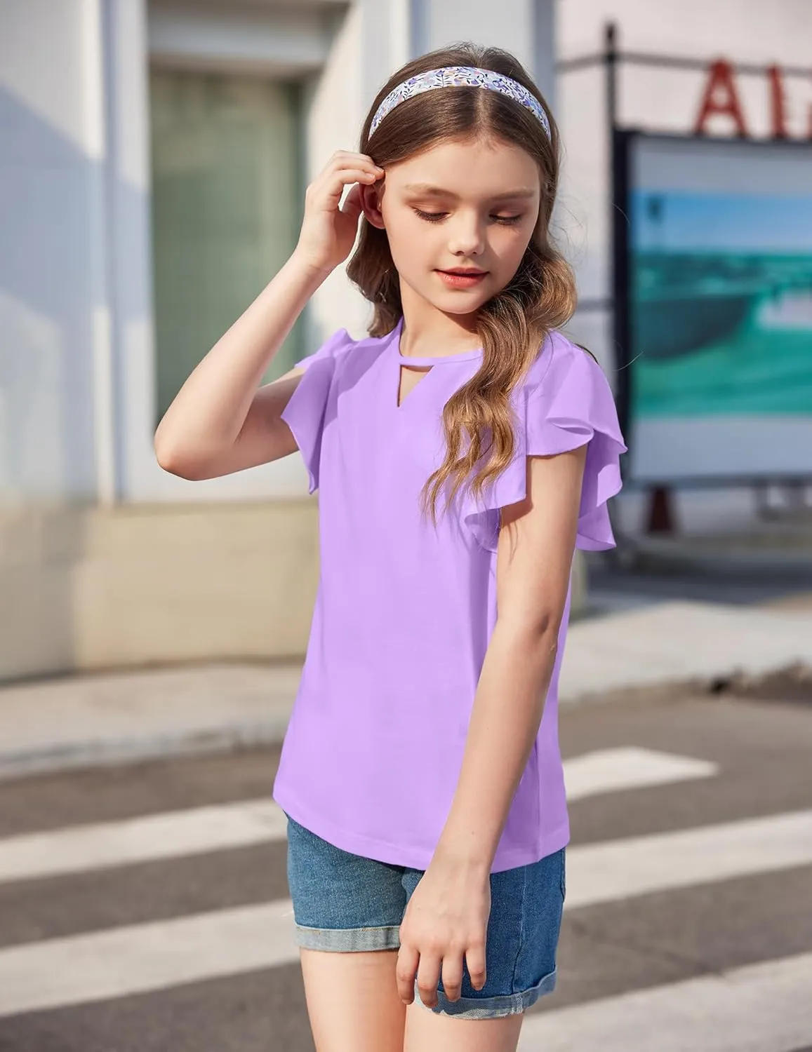 Arshiner Girls Shirts Short Sleeve Tee Ruffle Solid Summer Keyhole Neck Cotton Blouse Tops