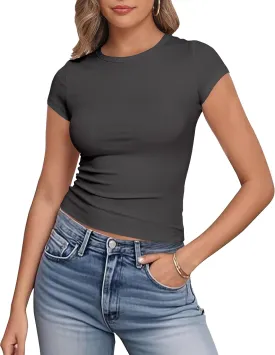 Artfish Women's Short Sleeve Shirts Crewneck Cropped Workout Slim Fitted Ribbed Casual Basic T-Shirts