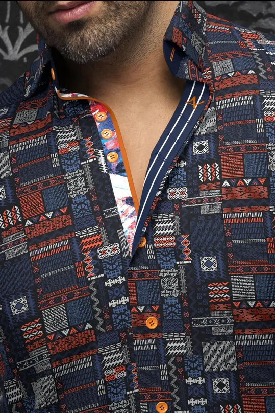 Au Noir Stretch Shirt Short Sleeve | FINLAY, Navy Orange