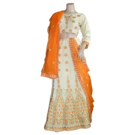 Beige Embroidered lehenga with orange or pink embroidery and contrast duppatta