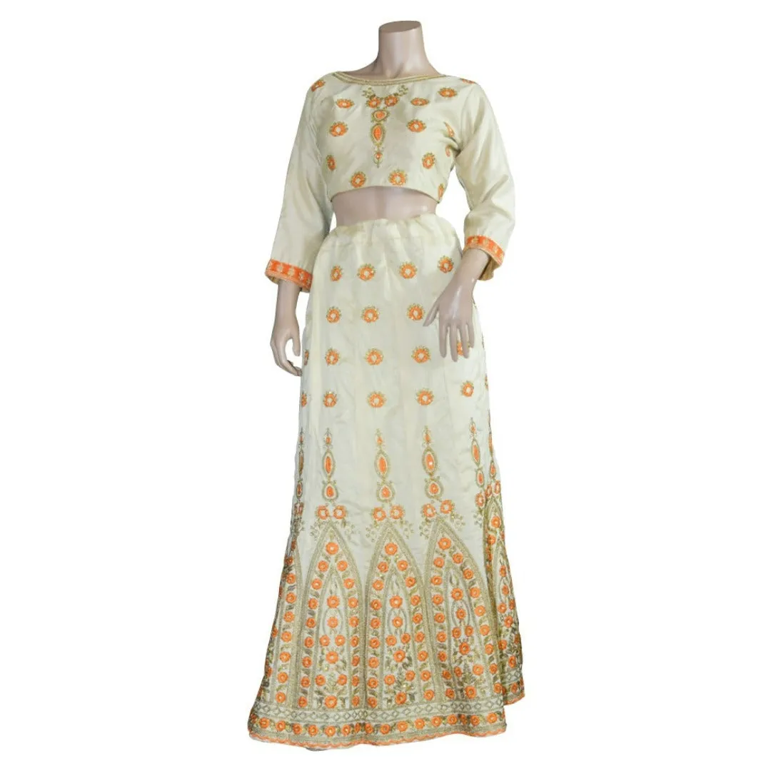 Beige Embroidered lehenga with orange or pink embroidery and contrast duppatta