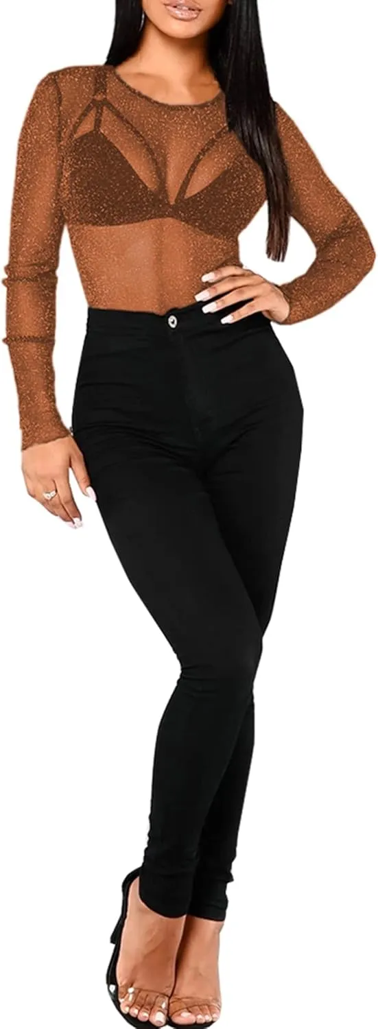 BelleLovin Women's Sheer Mesh Tops Long Sleeve Glitter Sexy Tops See Through Blouses