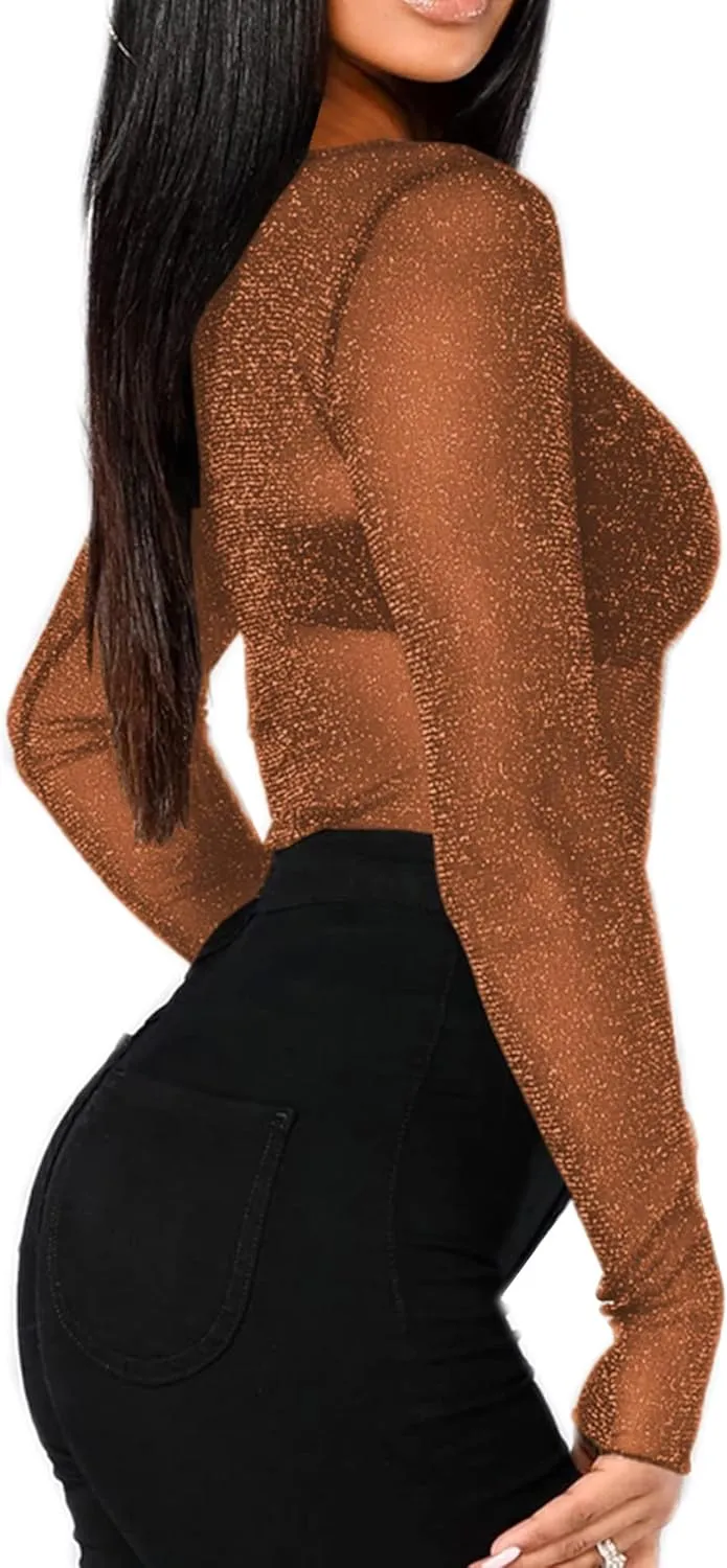BelleLovin Women's Sheer Mesh Tops Long Sleeve Glitter Sexy Tops See Through Blouses