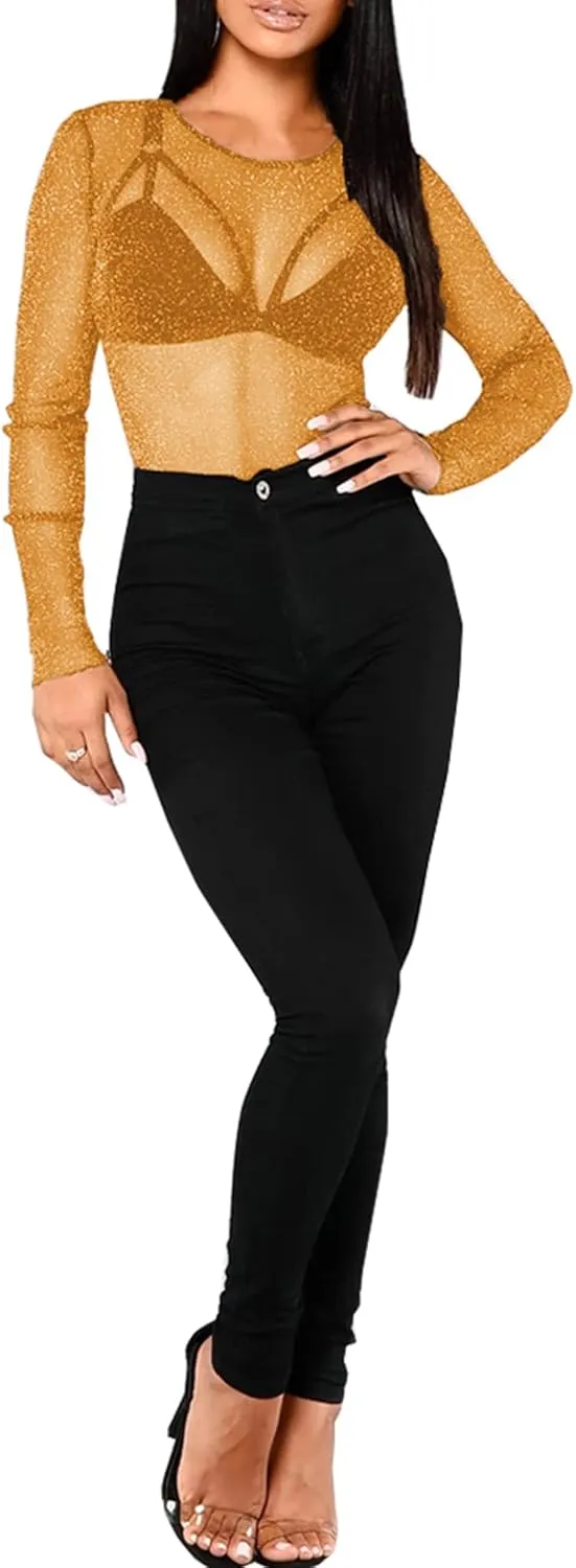 BelleLovin Women's Sheer Mesh Tops Long Sleeve Glitter Sexy Tops See Through Blouses