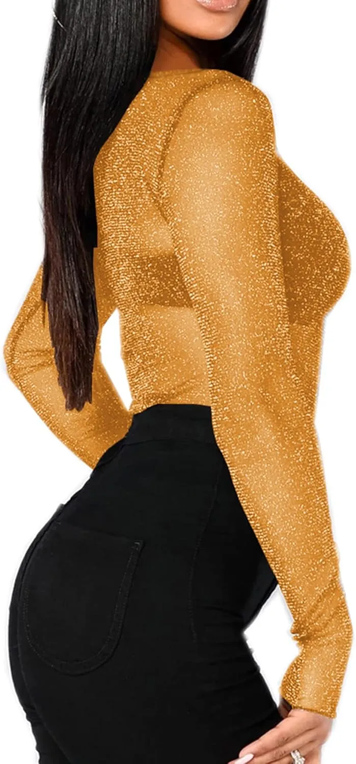 BelleLovin Women's Sheer Mesh Tops Long Sleeve Glitter Sexy Tops See Through Blouses