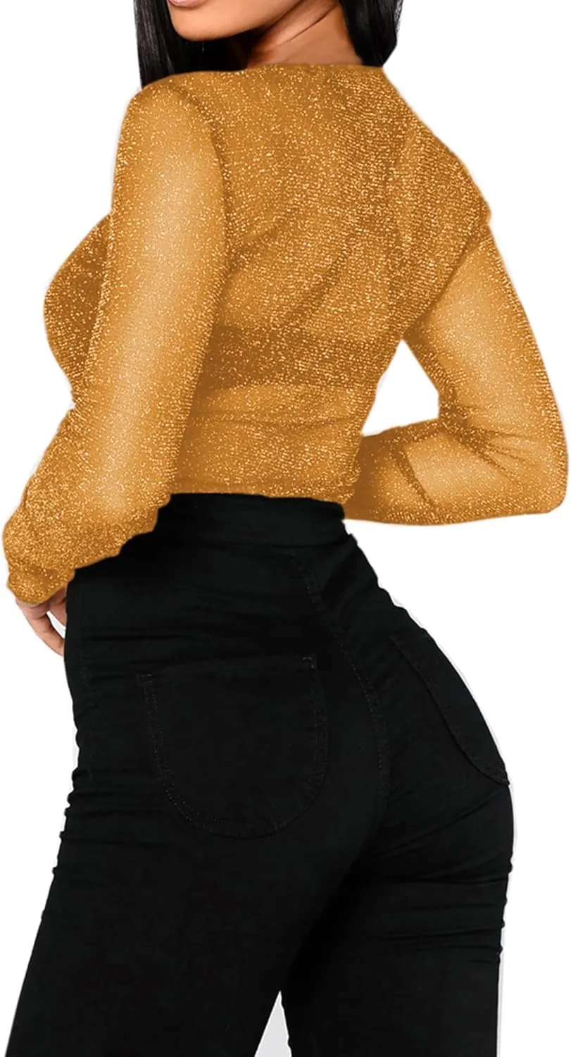 BelleLovin Women's Sheer Mesh Tops Long Sleeve Glitter Sexy Tops See Through Blouses