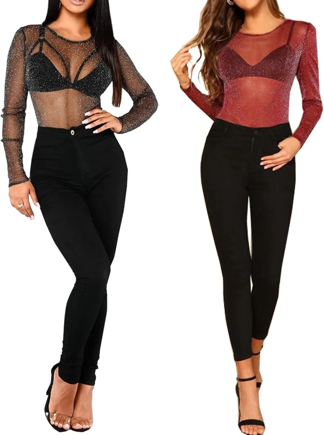 BelleLovin Women's Sheer Mesh Tops Long Sleeve Glitter Sexy Tops See Through Blouses