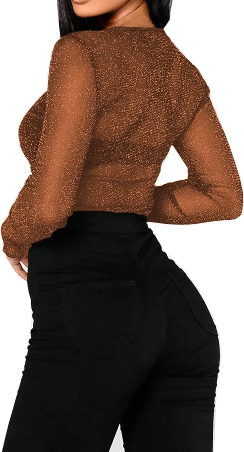 BelleLovin Women's Sheer Mesh Tops Long Sleeve Glitter Sexy Tops See Through Blouses
