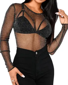 BelleLovin Women's Sheer Mesh Tops Long Sleeve Glitter Sexy Tops See Through Blouses