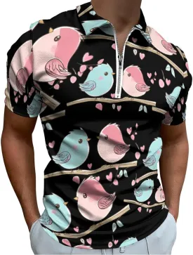 Birds In Love Trendy Polo Shirts for Men Short Sleeve Lapel Collar Zipper T-Shirts Outdoor Sports S