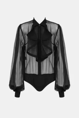 Bishop Sleeve Collared Sheer Bodysuit