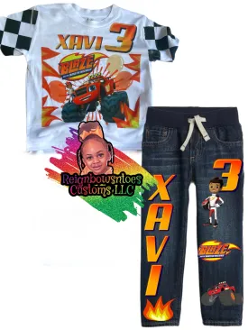 Blaze inspired denim set. Racecar birthday denim set