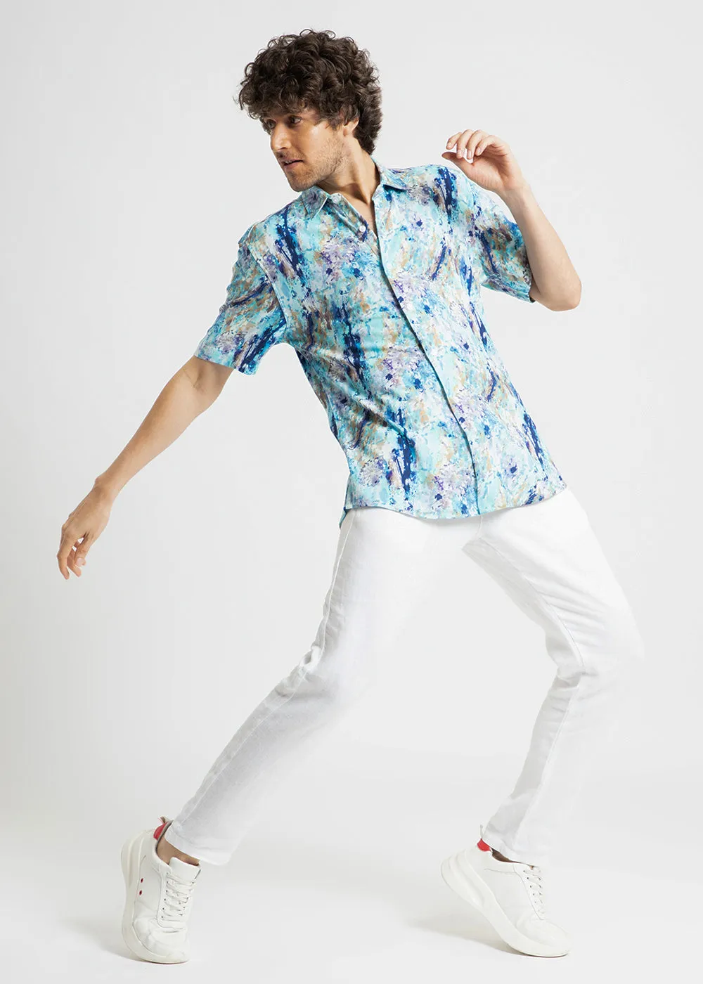 Blue Abstract Patch Half Sleeve shirt