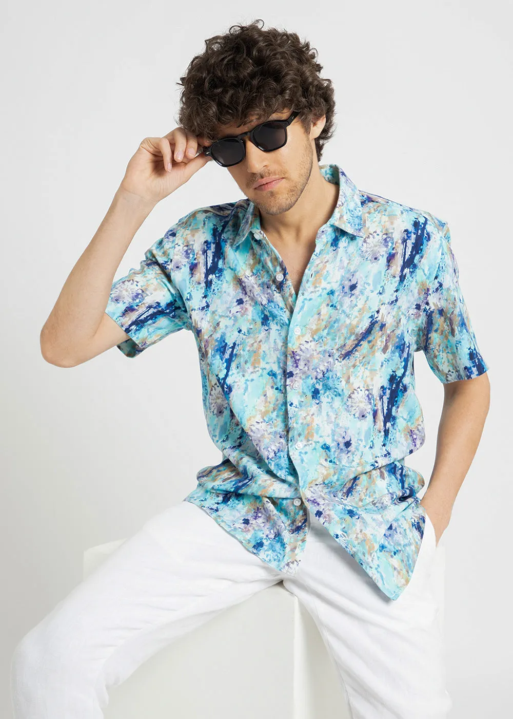 Blue Abstract Patch Half Sleeve shirt