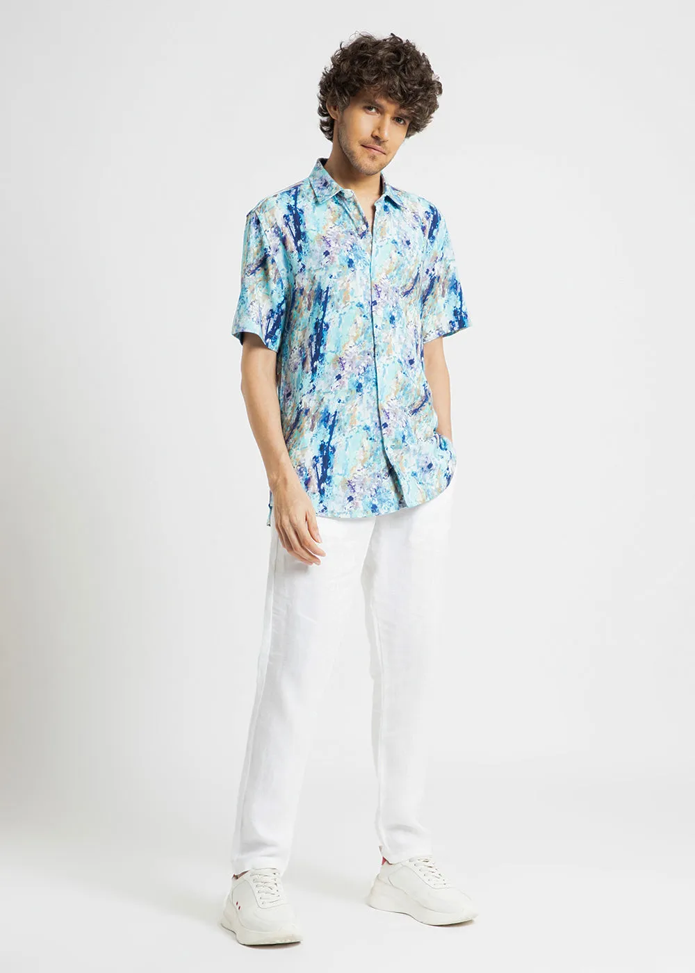 Blue Abstract Patch Half Sleeve shirt