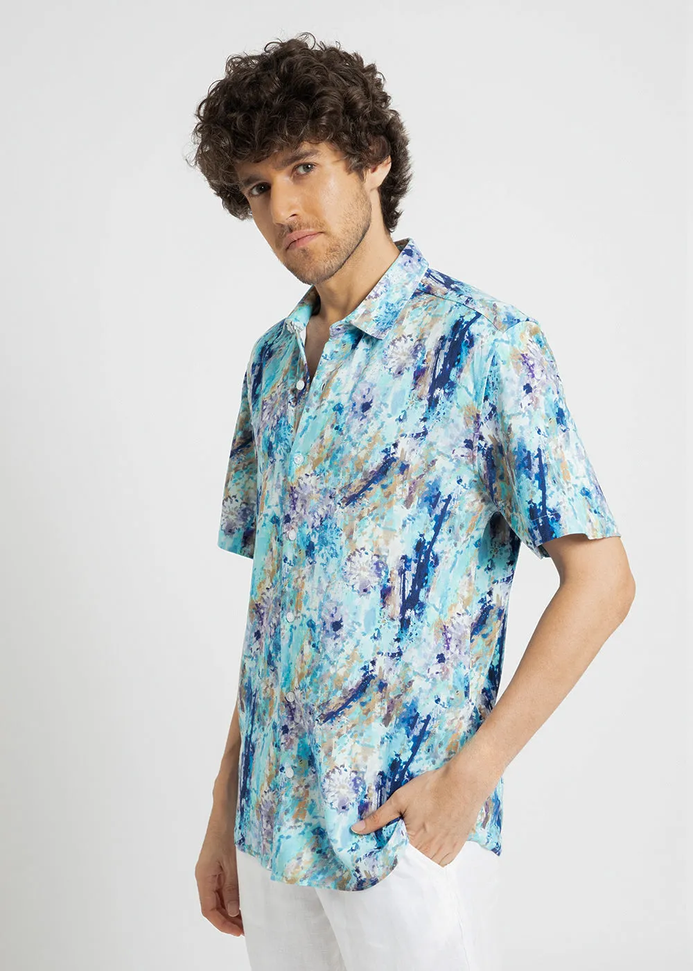Blue Abstract Patch Half Sleeve shirt