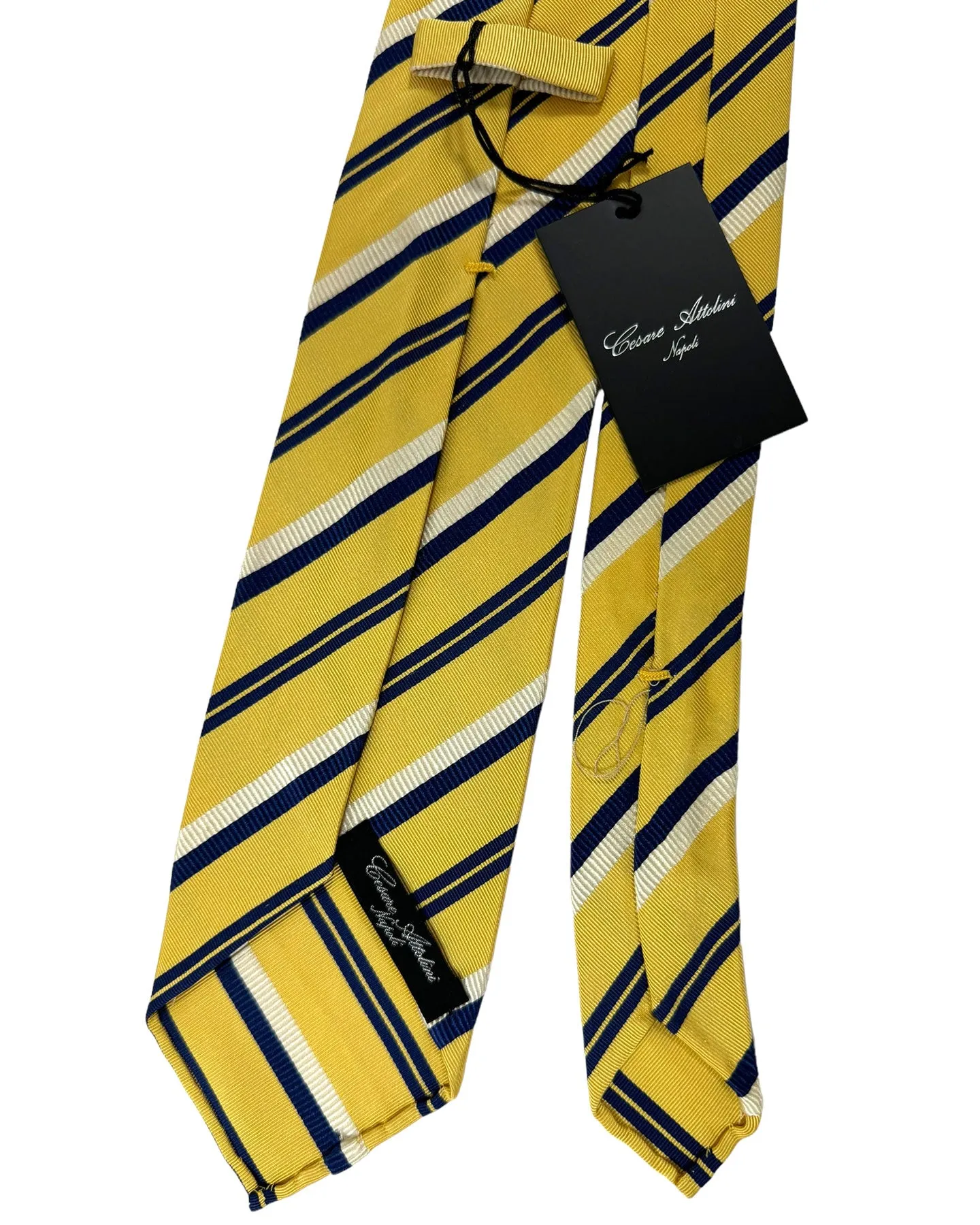 Cesare Attolini Unlined Silk Tie Olive Navy Stripes