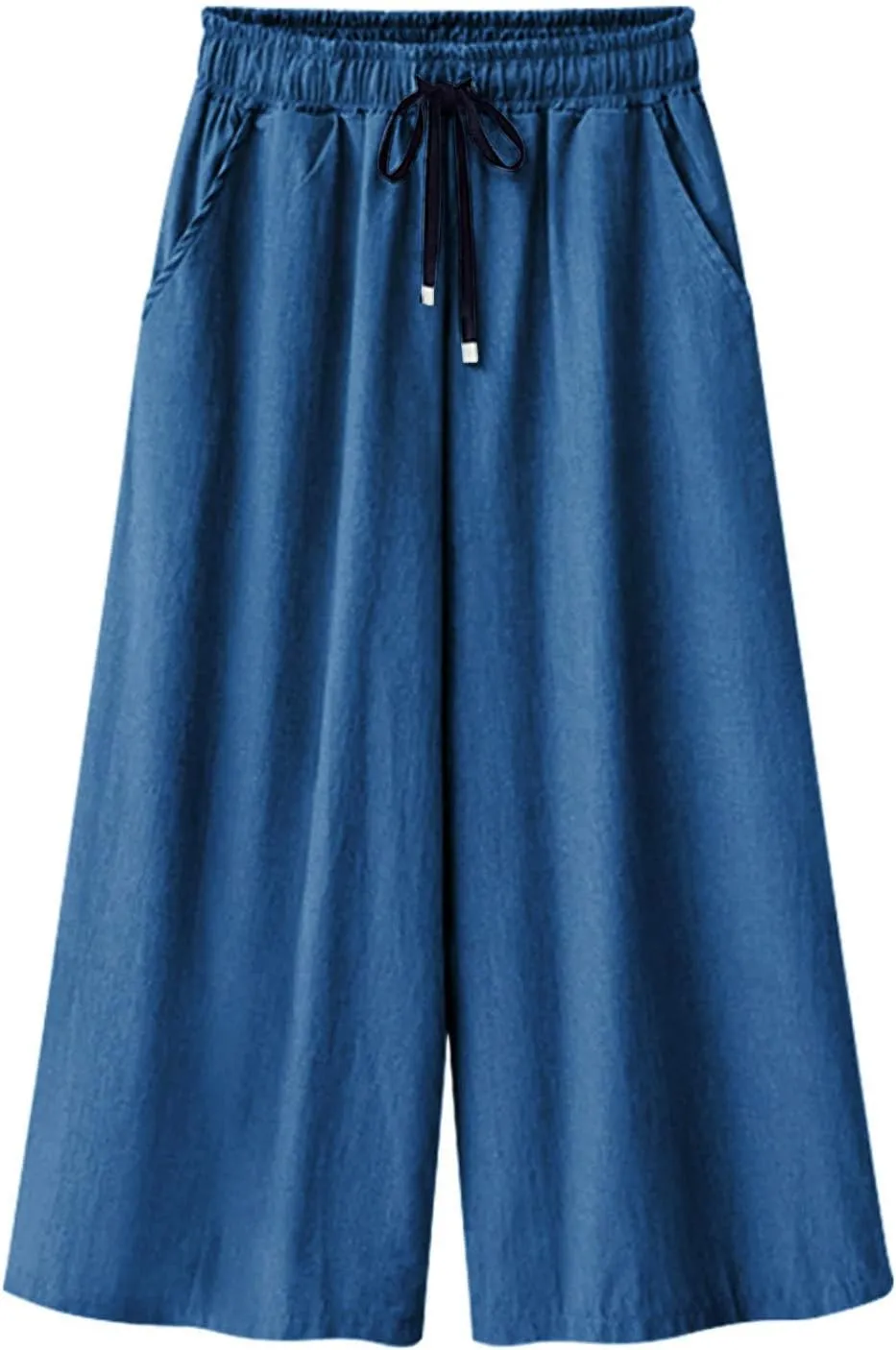 CHARTOU Women Elastic Waist Wide Leg Capris Cropped Denim Pants Jeans Palazzo Culottes with Pocket