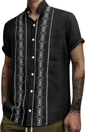 CRNTCEM Mens Button Down Boho Beach Shirts Cotton Linen Tropical Holiday Shirts Short Sleeve Floral Striped Casual Shirt