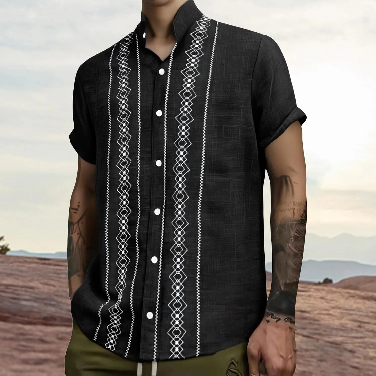 CRNTCEM Mens Button Down Boho Beach Shirts Cotton Linen Tropical Holiday Shirts Short Sleeve Floral Striped Casual Shirt