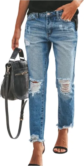 Cropped Straight Leg Jeans for Women Distressed High Waisted Stretch Capri Jeans Ripped Boyfriend Ankle Denim Pants