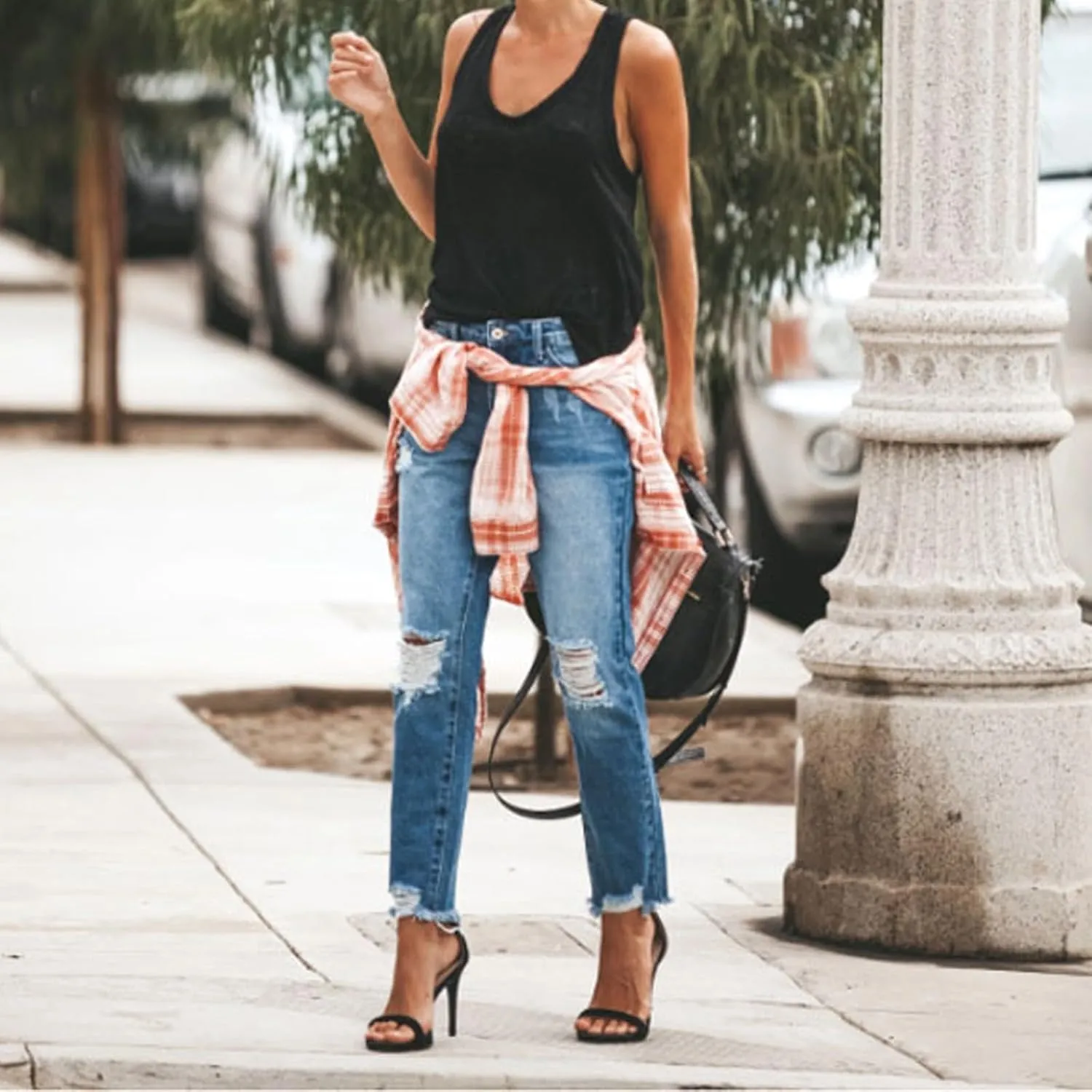 Cropped Straight Leg Jeans for Women Distressed High Waisted Stretch Capri Jeans Ripped Boyfriend Ankle Denim Pants