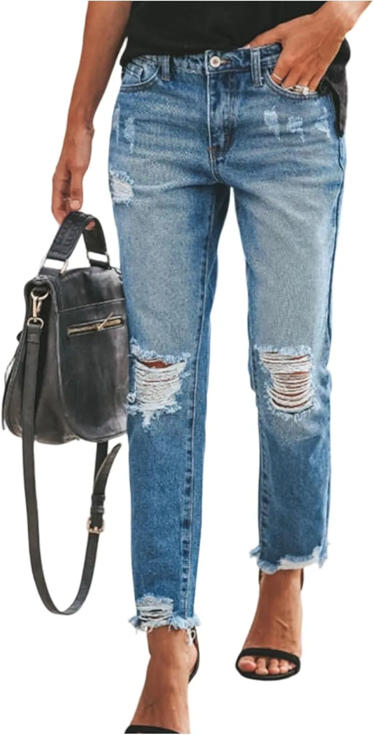 Cropped Straight Leg Jeans for Women Distressed High Waisted Stretch Capri Jeans Ripped Boyfriend Ankle Denim Pants