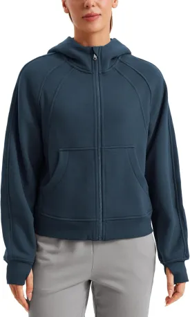 CRZ YOGA Womens Fleece Lined Full Zip Hoodies Oversized Long Sleeve Casual Workout Hooded Sweatshirt with Thumb Holes