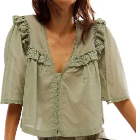 Cute Chiffon Shirt for Women Summer Ruffle Lace Trim Button Down V Neck Short Sleeve Blouse Y2K Sheer Mesh Crop Top
