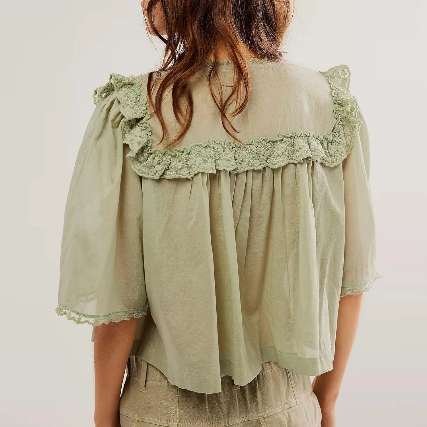 Cute Chiffon Shirt for Women Summer Ruffle Lace Trim Button Down V Neck Short Sleeve Blouse Y2K Sheer Mesh Crop Top