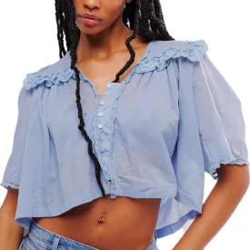 Cute Chiffon Shirt for Women Summer Ruffle Lace Trim Button Down V Neck Short Sleeve Blouse Y2K Sheer Mesh Crop Top