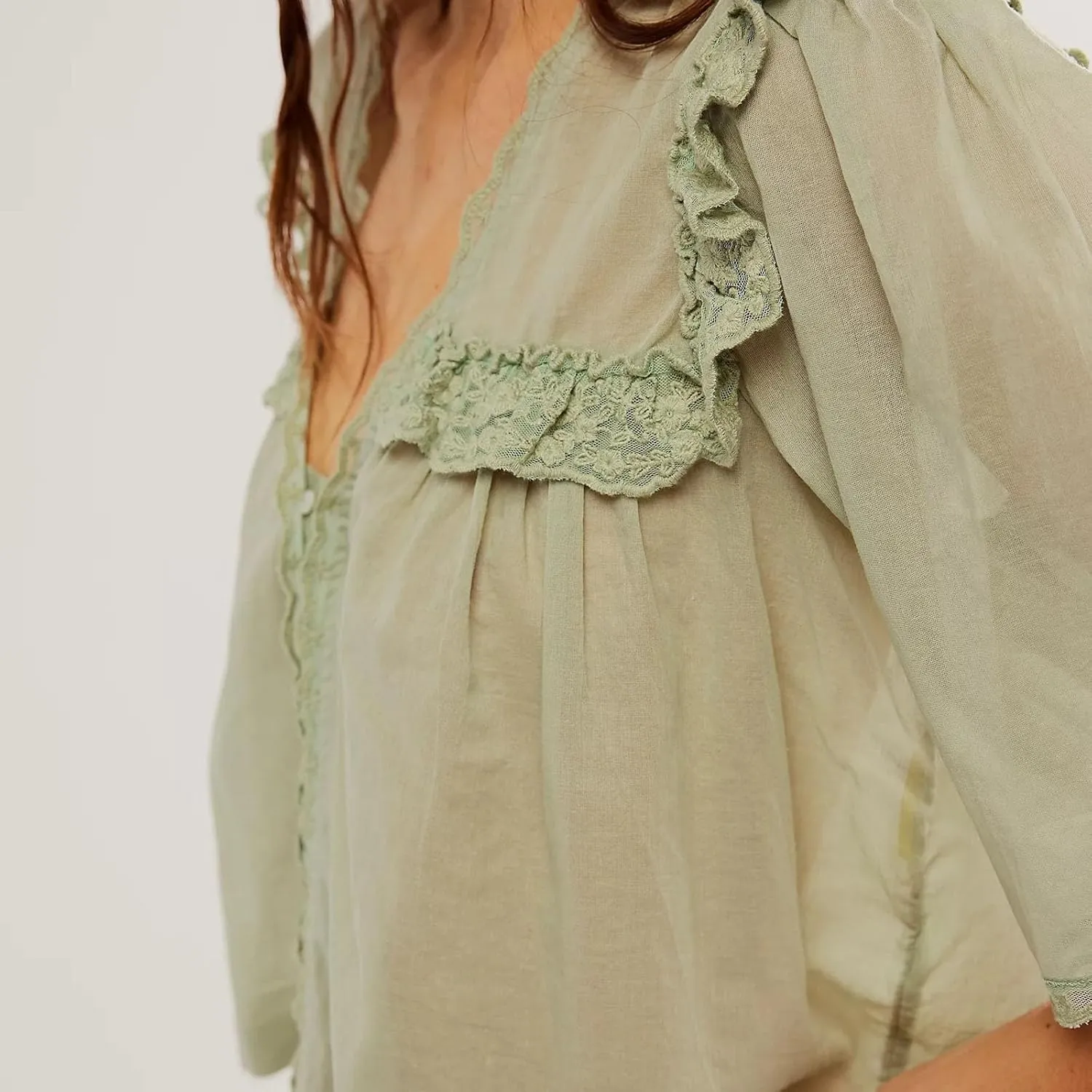 Cute Chiffon Shirt for Women Summer Ruffle Lace Trim Button Down V Neck Short Sleeve Blouse Y2K Sheer Mesh Crop Top