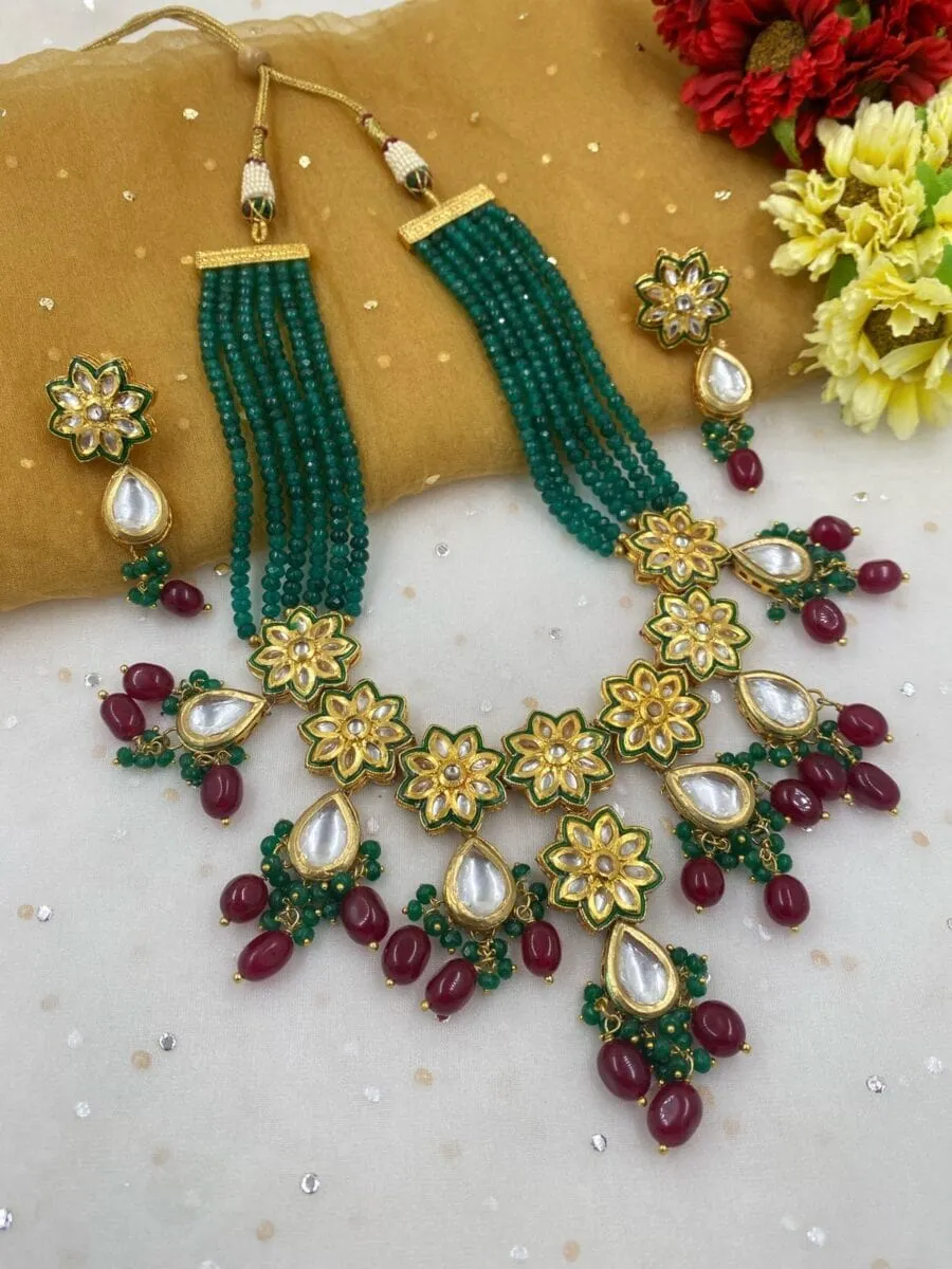 Designer Handcrafted Green Kundan Necklace Set By Gehna Shop
