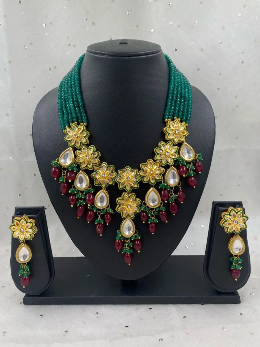 Designer Handcrafted Green Kundan Necklace Set By Gehna Shop