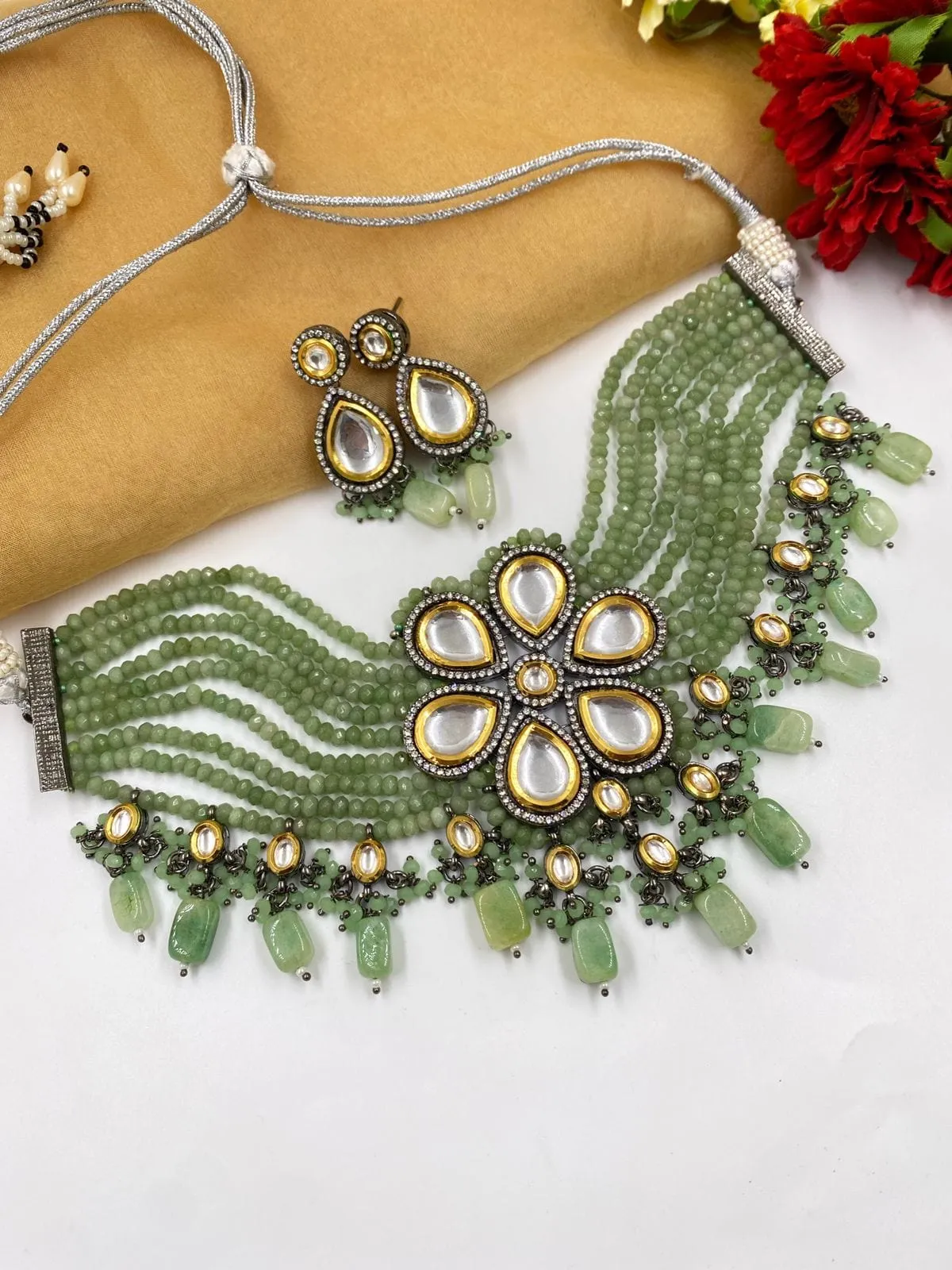 Designer Handcrafted Victorian Kundan Green Choker Necklace Set By Gehna Shop