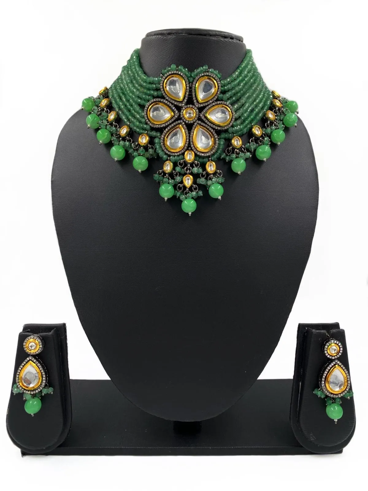 Designer Handcrafted Victorian Kundan Green Choker Necklace Set By Gehna Shop